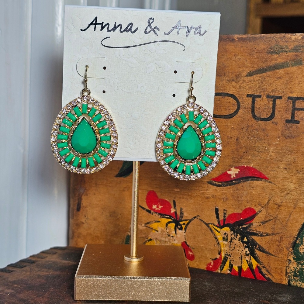 Anna & Ava Earrings Womens OS Green Teardrop Drop Dangle Rhinestone Accents